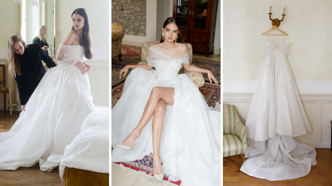 
elegante abito da sposa bianco con un lungo strascico acquista in Italia