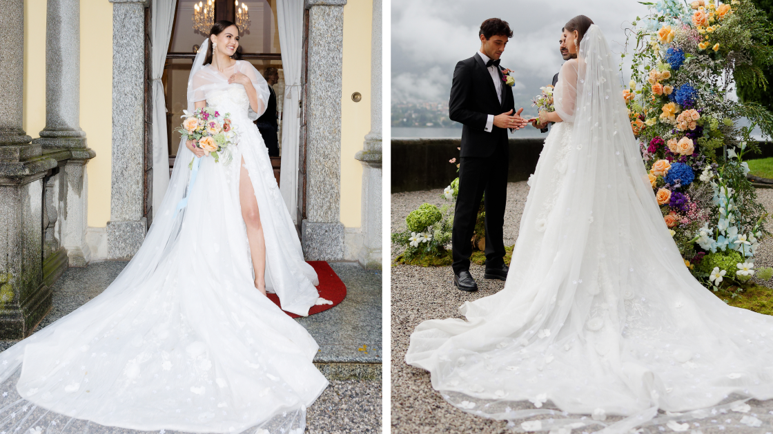 
elegante abito da sposa bianco con un lungo strascico acquista in Italia 2024